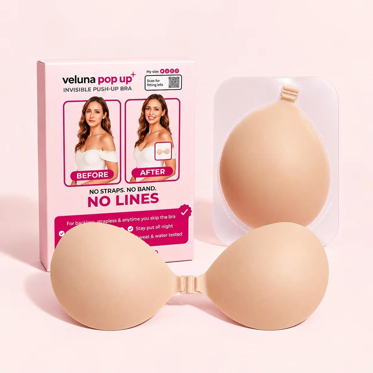 Pop Up adhesive bra, clasp, protective film and actual packaging